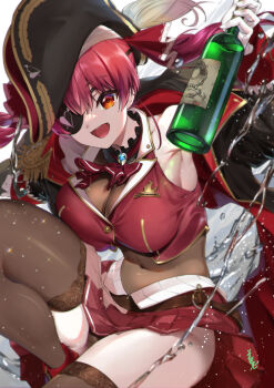 1girl armpits bare_shoulders blush bottle breasts cleavage commentary_request curvy eyepatch hair_ribbon hat highres hololive houshou_marine houshou_marine_(1st_costume) large_breasts long_hair looking_at_viewer open_mouth plump red_eyes red_hair ribbon see-through_cleavage see-through_clothes smile solo twintails virtual_youtuber youmou_usagi