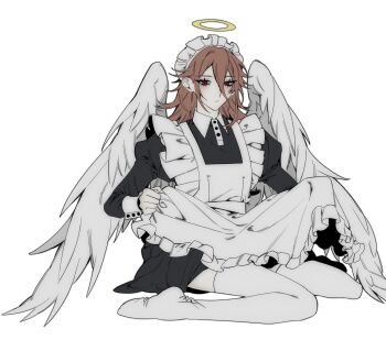 Rule 34 | 1boy, absurdres, androgynous, angel devil (chainsaw man), angel wings, apron, black dress, brown hair, chainsaw man, collared dress, commentary request, crossdressing, crossdressing (mtf), dress, e96l2, frilled apron, frills, full body, hair between eyes, halo, highres, juliet sleeves, korean commentary, long hair, long sleeves, maid, maid apron, maid headdress, male focus, puffy sleeves, red eyes, sitting, solo, thighhighs, white apron, white background, white thighhighs, white wings, wings