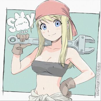 1girl armpits artist_name bandana bandeau bare_shoulders black_bandeau black_tube_top blonde_hair blue_eyes blush breasts brown_gloves cleavage clothes_around_waist collarbone commentary covered_erect_nipples creative_signature english_commentary fullmetal_alchemist gloves hair_between_eyes hair_over_shoulder hand_on_own_hip holding holding_wrench long_hair looking_at_viewer mechanic medium_breasts midriff navel object_on_shoulder patreon_username ponytail red_bandana shirt shirt_around_waist sidelocks signature smile soy-chan strapless tube_top winry_rockbell wrench