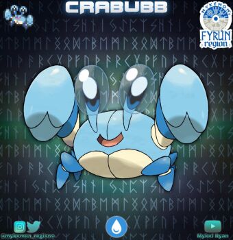 artist_name blue_skin character_name colored_skin crab fakemon instagram_logo instagram_username logo looking_at_viewer mykel_ryan nintendo no_humans open_mouth original pokemon pokemon_(creature) runes solo twitter_logo twitter_username youtube_logo youtube_username