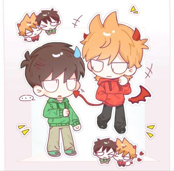 ... 2boys :3 black_pants black_shoes brown_hair brown_pants chibi chibi_only demon_horns demon_tail demon_wings edd_(eddsworld) eddsworld green_hoodie green_shoes hair_horns highres hood hood_down hoodie horns jitome long_sleeves male_focus multiple_boys multiple_views one_eye_closed orange_hair outline pants red_hoodie shoes slit_pupils spoken_ellipsis sweatdrop tail tord_(eddsworld) wings yunian77