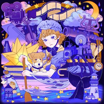 Rule 34 | 1girl, animal, blonde hair, blush, boat, bonnet, book, bottle, cloud, crescent, dog, eyelashes, film strip, fingernails, highres, instrument, lighthouse, looking at viewer, moon, mtirn3373, oar, original, paper, parted lips, piano, pocket watch, puffy short sleeves, puffy sleeves, purple bonnet, purple eyes, purple theme, short hair, short sleeves, solo, square, star (symbol), telescope, violin, watch, water, water drop, watercraft