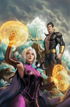 Rule 34 | 1boy, 1girl, abs, avengers (series), black bodysuit, black dress, black eyes, black gloves, black hair, blue eyes, bodysuit, bracer, cape, cheekbones, clea strange, comic cover, commentary, cover, cover page, doctor strange (series), dress, ejikure, elbow gloves, english commentary, gloves, gold bracer, highres, holding, holding polearm, holding weapon, logo, long hair, looking up, magic, magic circle, marvel, mature female, muscular, muscular male, namor, navel, obliques, official art, parted lips, plunging neckline, pointy ears, polearm, purple bodystocking, purple cape, short hair, superhero costume, textless version, trident, water, weapon, white hair