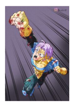 1boy absurdres beatlo_(rodrigo38658978) blood blood_from_mouth blood_on_clothes blood_on_hands blue_eyes bodysuit clenched_hand cosplay dragon_ball dragonball_z fingerless_gloves flying gloves highres injury instagram_username invincible_(character) invincible_(character)_(cosplay) invincible_(series) muscular purple_hair scratches solo superhero_costume torn_bodysuit torn_clothes trait_connection trunks_(dragon_ball) trunks_(future)_(dragon_ball)