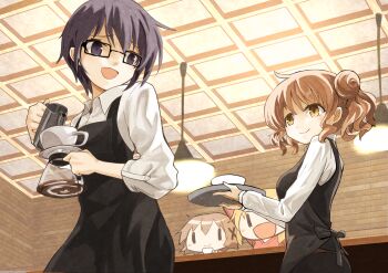 4girls :d =) absurdres alternate_costume apron asagao_21 black-framed_eyewear black_apron blonde_hair brown_eyes cafe coffee_pot commentary cup double_bun employee_uniform glasses hair_bun hair_ornament hidamari_sketch highres hiro_(hidamari_sketch) holding holding_kettle holding_pot indoors kettle long_sleeves miyako_(hidamari_sketch) multiple_girls open_mouth pot purple_eyes purple_hair red_hair red_sweater sae_(hidamari_sketch) shirt short_hair smile sweater teacup white_shirt x_hair_ornament yuno_(hidamari_sketch) |_|