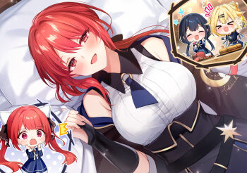 >_< 4girls :d ^^^ beer_mug black_hair black_shirt black_skirt blonde_hair blue_dress blush breasts bridal_gauntlets burger character_request chibi collared_dress collared_shirt commentary_request cup dress dress_shirt drinking_glass food hair_bun hair_ornament hairclip high-waist_skirt highres holding holding_cup large_breasts long_hair low_twintails lucrecia_otis lying mug multiple_girls on_back open_mouth pillow purple_eyes red_hair selma_claudel shirt skirt smile sofia_claudel striped_clothes striped_dress sweat twintails vertical-striped_clothes vertical-striped_dress very_long_hair white_shirt wine_glass xd yomogi_komegura yuusha_party_wo_oidasareta_kiyoubinbou