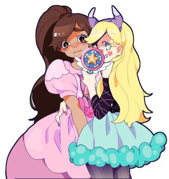 1boy 1girl arm_around_waist black_pantyhose black_shirt blonde_hair blue_eyes blue_skirt blush_stickers bow brown_eyes brown_hair colored_eyelashes cowboy_shot crossdressing crossdressing_(mtf) dark-skinned_male dark_skin dress eyepatch facial_mark frilled_shirt_collar frills fur-trimmed_skirt fur_trim gown grin hair_over_shoulder hand_up heart heart_facial_mark high_ponytail highres holding holding_wand imotarou_(imodarake) long_hair looking_at_viewer marco_diaz miniskirt mole mole_under_eye off-shoulder_shirt off_shoulder official_alternate_costume official_alternate_hair_length official_alternate_hairstyle pantyhose parted_bangs pink_bow pink_dress pink_nails ponytail princess_marco_turdina puffy_short_sleeves puffy_sleeves purple_nails raised_inner_eyebrows royal_magic_wand_(svtfoe) shirt short_sleeves simple_background skirt smile star-shaped_pupils star_(symbol) star_butterfly star_vs_the_forces_of_evil symbol-shaped_pupils thick_eyebrows thick_outlines three-quarter_sleeves trap wand wavy_hair wavy_mouth white_background