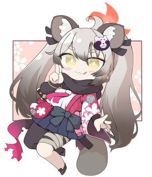 :3 :q ahoge animal_ears bandaged_leg bandages black_bow black_pantyhose black_shoes blue_archive blue_skirt blush_stickers bow chibi commentary_request floral_background full_body grey_hair hair_between_eyes halo highres kuji-in long_hair long_sleeves looking_at_viewer mask mask_on_head michiru_(blue_archive) miranofuudoria pantyhose pink_background pleated_skirt raccoon_ears raccoon_girl raccoon_tail shirt shoes short_eyebrows single_leg_pantyhose skirt tail thick_eyebrows tongue tongue_out twintails two-tone_background very_long_hair white_background white_shirt wide_sleeves yellow_eyes