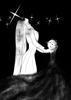 1boy 1girl absurdres black_background blue_archive breasts doodle_sensei_(blue_archive) dress from_side general_student_council_president_(blue_archive) greyscale head_back highres kaneda_ichi_(kusamoeta) long_hair medium_breasts monochrome neon_genesis_evangelion parody scene_reference sensei_(blue_archive) simple_background the_end_of_evangelion very_long_hair