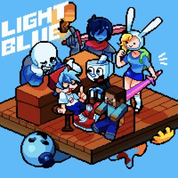1girl 1other 4boys 9aaaalt29 :d ;d adventure_time antenna_hair arm_support armor bar_(place) bar_stool black_eyes black_sclera black_shirt black_shoes blue_eyes blue_jacket blue_pants blue_shirt blue_shorts blue_skin blue_theme boyfriend_(friday_night_funkin&#039;) breasts brown_shoes character_request closed_eyes closed_mouth color_connection colored_sclera colored_skin commentary copyright_request crossover cuphead_(game) dark-skinned_male dark_skin deltarune drinking_straw fewer_digits fionna_campbell friday_night_funkin&#039; from_above full_body gloves grey_armor grey_gloves grey_hood grey_shoes grin hand_on_own_cheek hand_on_own_face hand_up highres holding holding_sword holding_weapon hood hood_down hooded_jacket index_finger_raised jacket kneehighs kris_(dark_world)_(deltarune) kris_(deltarune) light_frown long_sleeves looking_at_another minecraft mugman multiple_boys multiple_crossover no_eyes notice_lines object_head on_stool one_eye_closed open_clothes open_jacket open_mouth over_shoulder pants pink_scarf pixel_art puffy_long_sleeves puffy_sleeves red_shoes sans_(undertale) scarf shaded_face shirt shoes short_sleeves shorts shoulder_armor sitting skeleton small_breasts smile socks solid_circle_eyes standing steve_(minecraft) stool sword symbol-only_commentary tongue u_u undertale utdr_(toby_fox) weapon weapon_over_shoulder white_eyes white_shirt white_socks wooden_floor yellow_gloves