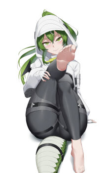 Rule 34 | 1girl, absurdres, arknights, arknights: endfield, barefoot, black bodysuit, bodysuit, commentary, english commentary, feet, fingerless gloves, fluorite (arknights), gloves, green eyes, green hair, hair between eyes, hair ornament, hairclip, hand on own leg, highres, hood, hood up, illustzeno, leg up, long hair, long sleeves, looking at viewer, simple background, snake girl, snake tail, soles, solo, tail, toes, white background, white gloves, white hood
