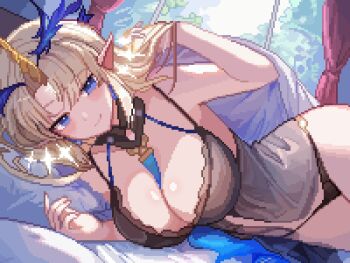 1girl babydoll bare_shoulders black_babydoll black_collar black_panties blonde_hair blue_eyes blush breasts cleavage closed_mouth collar commentary fleurdelys_(wuthering_waves) hand_up horns indoors large_breasts long_hair looking_at_viewer lying on_bed on_side panties pointy_ears pov_across_bed single_horn smile solo thighs tinia_etru under_covers underwear wuthering_waves yellow_horns
