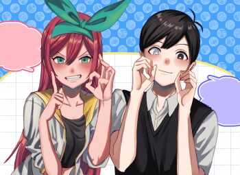 Rule 34 | 1boy, 1girl, antenna hair, aubrey (faraway) (omori), aubrey (omori), black eyes, black hair, black sweater vest, blank speech bubble, blue hairband, bright pupils, clenched teeth, collarbone, collared shirt, commentary request, crop top, double-parted bangs, grey eyes, hair between eyes, hairband, heterochromia, highres, index finger raised, jacket, long hair, looking at viewer, ok sign, omori, open clothes, open jacket, open mouth, pink nails, shirt, short-sleeved jacket, short sleeves, shousan (hno3syo), sidelocks, speech bubble, spoilers, sunny (omori), sweater vest, teeth, white jacket, white pupils, white shirt