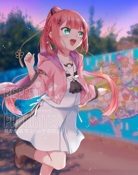 1girl aqua_eyes ascot black_ascot blunt_bangs blunt_ends boots braid brown_boots center-flap_bangs clenched_hand commentary_request day fangs floating_hair foot_out_of_frame hair_ornament hands_up happy highres kamiyama_shiki lace-up_boots long_hair looking_to_the_side medium_skirt misaki_juri open_mouth outdoors ponytail red_hair sailor_collar school_uniform serafuku shirt sidelocks skirt smile solo standing standing_on_one_leg summer_pockets summer_pockets_school_uniform tassel tassel_hair_ornament twin_braids very_long_hair watermark white_sailor_collar white_serafuku white_shirt white_skirt