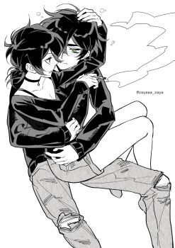 1boy 1girl ahoge andrew_graves arms_around_waist artist_name ashley_graves between_fingers blush bra_strap breasts bright_pupils brother_and_sister bubble carrying carrying_person choker cigarette cleavage closed_mouth collarbone commentary denim denim_shorts eye_contact feet_out_of_frame full_body green_eyes greyscale hand_on_another&#039;s_head highres holding holding_cigarette invisible_chair jeans long_sleeves looking_at_another low_ponytail monochrome nose_blush pants parted_lips pendant_choker pink_eyes ponytail profile shirt shoes short_hair short_ponytail short_shorts shorts siblings simple_background sitting sitting_on_lap sitting_on_person sleeves_past_wrists smoke spot_color sweater symbol-only_commentary the_coffin_of_andy_and_leyley torn_clothes torn_pants white_background zayaaa_zaya