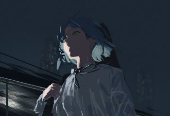 Rule 34 | 1girl, absurdres, bad id, bad pixiv id, black ribbon, blue hair, bocchi the rock!, building, city, collared shirt, dim lighting, fence, guitar case, guitar strap, hair ornament, hairclip, highres, instrument case, kakuriyo rei, medium hair, neck ribbon, ribbon, shirt, skyscraper, solo, watercolor effect, white shirt, yamada ryo, yellow eyes