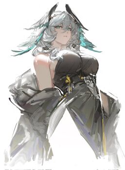 1girl arknights black_dress breasts dress feathered_wings grey_hair head_wings highres ho&#039;olheyak_(arknights) ho&#039;olheyak_(ritual_of_immortality)_(arknights) large_breasts long_dress medium_hair nbrush19 side_slit snake_girl snake_tail solo tail wings