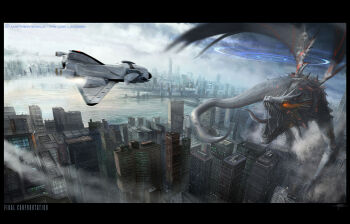 battle building city cityscape cloud cloudy_sky day dragon fantasy hideyoshi_ruwwe monster no_humans open_mouth original portal_(object) scenery science_fiction sky skyscraper spacecraft tongue tongue_out