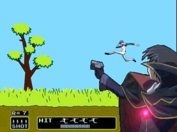 1girl 2boys animated animated_gif code_geass duck_hunt third-party_edit artistic_error famicom game_console gun kouzuki_kallen kururugi_suzaku lelouch_vi_britannia lowres multiple_boys nes nintendo parody spinzaku third-party_edit video_game weapon