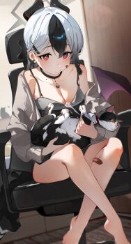 1girl absurdres alternate_breast_size_(larger) animal ayu_(user_xkhp7843) bandaid bandaid_on_leg barefoot black_dress black_hair blue_archive breasts cat chair cleavage commentary_request demon_girl demon_horns demon_wings dress feet grey_halo halo highres holding holding_animal horns kayoko_(blue_archive) kayoko_(dress)_(blue_archive) large_breasts legs long_hair multicolored_hair official_alternate_costume on_chair red_eyes single_wing solo swivel_chair two-tone_hair white_hair wings