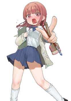 1girl absurdres blue_bow blue_skirt bow chushui_(izumi617) commentary_request feet_out_of_frame foreshortening grey_jacket highres holding holding_brush jacket looking_at_viewer open_mouth original pink_eyes pink_hair pleated_skirt pointing pointing_at_viewer school_uniform shirt shirt_tucked_in simple_background skirt socks solo standing white_background white_shirt white_socks