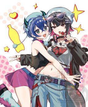 2girls bare_shoulders beanie belle_(zenless_zone_zero) belt black_hair black_jacket black_shirt black_tube_top blue_hair blue_hat blue_nails blue_pants breast_press breasts candy cleavage_cutout clothing_cutout collar collarbone commentary_request crop_top crossed_bangs ellen_joe eyewear_on_head fake_horns fang food green_eyes hair_between_eyes hat headphones headphones_around_neck heart highres holding holding_candy holding_food holding_lollipop horns hug_from_side jacket jewelry large_breasts leg_up lollipop looking_at_viewer midriff mole mole_under_eye multiple_girls narahazime navel official_alternate_costume open_mouth pants pom_pom_(clothes) purple_skirt red_eyes red_nails ring shirt short_hair single_bare_shoulder skin_fang skirt sparkle spiked_collar spikes strapless sunglasses tongue tongue_out torn_clothes torn_shirt torn_tube_top tube_top v white-framed_eyewear white_background white_shirt zenless_zone_zero