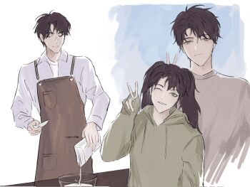 Rule 34 | 1boy, 1girl, apron, black apron, black hair, brother and sister, collared shirt, cooking, emosunfish, green hoodie, grin, head tilt, highres, holding, holding knife, hood, hood down, hoodie, knife, multiple views, omniscient reader's viewpoint, shirt, short hair, siblings, smile, twintails, v, white shirt, yoo joonghyuk, yoo mia