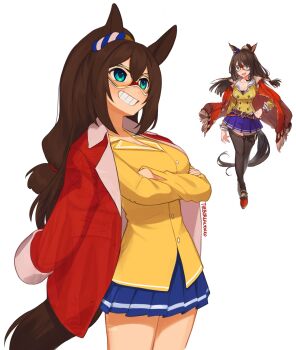 1girl absurdres animal_ears blue_skirt breasts brown_hair commentary cowboy_shot crossed_arms domino_mask double-parted_bangs ear_ornament el_condor_pasa_(el_numero_1)_(umamusume) el_condor_pasa_(umamusume) english_commentary eye_mask green_eyes grin hair_between_eyes highres horse_ears horse_tail jacket large_breasts long_hair long_sleeves looking_ahead low-tied_long_hair mask monkey_d._garp one_piece pleated_skirt red_jacket reference_inset shirt skirt smile solo tail umamusume yellow_shirt yoako