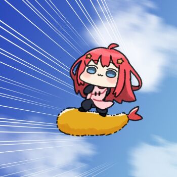 Rule 34 | 1girl, :3, ahoge, akino ell, black pants, black shirt, black shoes, blue eyes, blue sky, blush, closed mouth, cloud, commentary request, day, dress, food, go-toubun no hanayome, hair ornament, long hair, looking at viewer, motion lines, nakano itsuki, outdoors, pants, pelvic curtain, pink dress, red hair, shirt, shoes, shrimp, shrimp tempura, sky, solo, speed lines, star (symbol), star hair ornament, tempura, very long hair