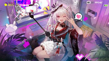Rule 34 | 1girl, battery indicator, black gloves, black hat, braid, cellphone, charm (object), chinese commentary, commentary request, computer keyboard, cursor, diamond (shape), diamond facial mark, facial mark, gloves, grey hair, hat, heart, heart facial mark, highres, holding, holding stick, honkai: star rail, honkai (series), indoors, long hair, looking at viewer, mark under both eyes, mini hat, mini top hat, monitor, nintendo switch, notice lines, one eye closed, open mouth, phone, pink eyes, pixel heart, pixelated, recording, selfie stick, single glove, sitting, skirt, solo, sparkle (honkai: star rail), sparxie (honkai: star rail), stick, thumbs up, top hat, upper body, v, v over eye, very long hair, white skirt, yuyullllo