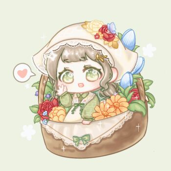 1girl animated animated_gif apron basket blinking blue_butterfly blue_flower bow brown_hair bug butterfly butterfly_on_head buttons chibi chinese_commentary collared_dress commentary_request country_lolita dress eyelashes floral_print flower flower_in_eye frilled_apron frills green_background green_bow green_dress green_eyes green_pastoral_(shining_nikki) hair_ornament hairclip happy hat hat_flower headscarf heart in_basket in_container insect light_blush lolita_fashion long_sleeves looking_at_viewer looping_animation low_twintails medium_hair nikki_(series) open_mouth plaid_clothes plaid_dress print_apron puffy_long_sleeves puffy_sleeves red_flower red_rose rose shining_nikki short_twintails smile solo speech_bubble spoken_heart symbol_in_eye tareme teeth tulip twintails upper_teeth_only waist_bow waving white_apron white_headscarf xiaoyu_qixing yellow_flower