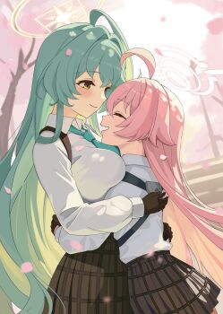 2girls absurdres ahoge blue_archive breasts collared_shirt fang green_hair halo highres hoshino_(blue_archive) hug large_breasts multiple_girls pink_hair pleated_skirt shirt skin_fang skirt upper_body ushaku white_shirt yellow_eyes yume_(blue_archive)