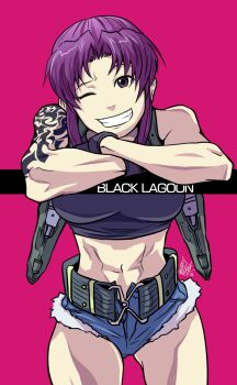 Rule 34 | 1girl, abs, bare shoulders, black lagoon, breasts, crop top, gun, highres, large breasts, long hair, looking at viewer, micro shorts, mimiyama kiichi, one eye closed, ponytail, purple hair, revy (black lagoon), shorts, sleeveless, tattoo, teeth, weapon, wink