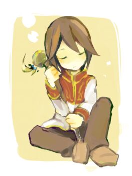 1boy 91s brown_hair brown_pants brown_shoes closed_eyes closed_mouth commentary_request expressionless full_body high_priest_(ragnarok_online) holding holding_staff long_sleeves male_focus pants ragnarok_online red_shirt shirt shoes short_hair sitting solo staff two-tone_background two-tone_shirt white_background white_shirt yellow_background