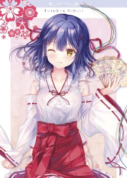 Rule 34 | 1girl, ;q, blue hair, blush, bow, breasts, cleavage, closed mouth, commentary request, copyright name, detached sleeves, folding fan, frilled hakama, frills, hair between eyes, hair ornament, hairclip, hakama, hakama skirt, hand fan, holding, holding fan, japanese clothes, kimono, long sleeves, medium breasts, miko, nanami yuuno, one eye closed, red bow, red hakama, ribbon-trimmed sleeves, ribbon trim, skirt, sleeveless, sleeveless kimono, sleeves past wrists, smile, solo, sousouman, tongue, tongue out, twinbox school, white kimono, white sleeves, wide sleeves, x hair ornament, yellow eyes