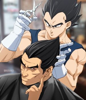 Rule 34 | 2boys, barber shop, black hair, blurry, blurry background, broonoart, crossover, dragon ball, dragonball z, highres, holding, holding scissors, indoors, male focus, medium hair, mishima kazuya, multiple boys, muscular, muscular male, red eyes, scar, scar on face, scissors, short hair, tekken, vegeta
