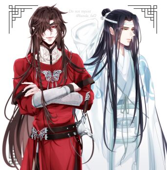 Rule 34 | 2boys, belt, bishounen, black belt, black hair, blue sash, bracelet, braid, bug, butterfly necklace, butterfly ornament, chinese clothes, closed mouth, coat, commentary request, creator connection, crossed arms, crossover, e-ming scimitar, eyepatch, guqin, hair over one eye, hanfu, headband, highres, hua cheng, instrument case, instrument on back, jewelry, kanda faf2, lan wangji, long hair, long sleeves, looking at viewer, male focus, mandarin collar, modao zushi, multiple belts, multiple boys, necklace, one eye covered, open clothes, open coat, pointy ears, ponytail, red eyes, red hanfu, robe, sash, scimitar, sheath, sheathed, shoulder strap, side braid, silver bracelet, silver necklace, simple background, single braid, smile, standing, sword, tassel, tianguan cifu, topknot, twitter username, very long hair, wangji guqin, weapon, white background, white coat, white hanfu, white headband, white sash, wide sleeves, xiao guan (headdress), yaopei, yellow eyes, yuanlingpao