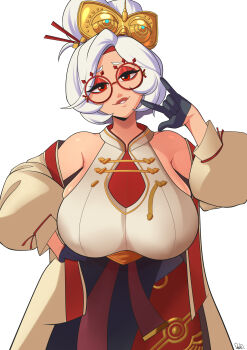 1girl \m/ absurdres alternate_breast_size_(larger) bare_shoulders breasts commentary eyeshadow glasses hair_bun hair_ornament hair_stick headband highres large_breasts looking_at_viewer makeup mandarin_collar nintendo parvad92 purah red-framed_eyewear red_eyes red_eyeshadow red_headband round_eyewear sheikah shirt short_hair sleeveless sleeveless_shirt solo the_legend_of_zelda the_legend_of_zelda:_tears_of_the_kingdom updo white_background white_hair