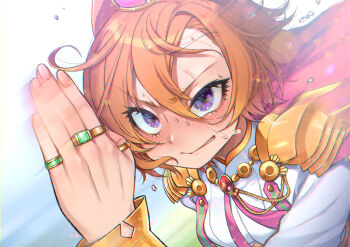 1girl absurdres cape commentary_request dancho_(dancyo) epaulettes hair_between_eyes highres horse_girl index_ring jacket jewelry middle_ring motion_blur multiple_rings orange_hair pinky_ring portrait purple_eyes ring running short_hair solo sweat t.m._opera_o_(umamusume) thumb_ring umamusume v-shaped_eyebrows white_jacket