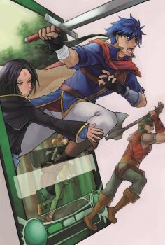 Rule 34 | 1girl, 3boys, absurdres, axe, black hair, blue eyes, blue hair, boyd (fire emblem), cape, commentary request, facial mark, fire emblem, fire emblem: path of radiance, fire emblem cipher, forehead mark, green eyes, green headband, grey hair, headband, highres, holding, holding axe, holding staff, holding sword, holding weapon, ike (fire emblem), long hair, mist (fire emblem), multiple boys, nintendo, open mouth, red eyes, short hair, soren (fire emblem), staff, sword, tamaro pompom, weapon
