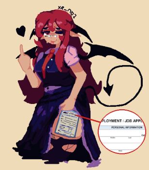 1girl absurdres bespectacled black_skirt black_vest breasts buttons closed_mouth clothes_lift commentary commentary_request cowboy_shot demon_girl demon_tail demon_wings glasses head_wings highres job_application_form_(meme) koakuma lifting_own_clothes long_hair looking_at_viewer medium_breasts meme middle_finger multiple_tongues necktie one_eye_closed paper pince-nez pink_shirt pixel_art pun red_eyes red_hair red_necktie shirt skirt skirt_lift skirt_set smile solo tail thighs tongue tongue_out touhou vest wings xenobucket yellow_background