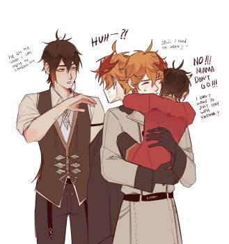 2boys ahoge alternate_costume antenna_hair bite_marks child dragon_horns english_text highres holding_child horns hug image_sample multiple_boys pixiv_sample tartaglia_(genshin_impact) turning_head u30eau30f3 white_background yaoi zhongli_(genshin_impact)