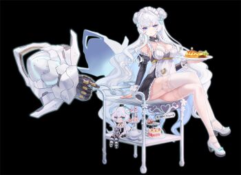 Rule 34 | 1girl, action figure, alternate costume, apron, arm support, armor, between breasts, black background, blue eyes, blue hair, blush stickers, bow, braid, braided bun, breasts, bright pupils, cake, cake slice, character name, cherry, chibi, chibi inset, cocktail pick, collar, colored inner hair, commentary request, counter:side, crossed bangs, crossed legs, crumbs, cup, cupcake, cursive, detached collar, detached sleeves, disembodied hand, double bun, dress, english text, enmaided, eyebrows hidden by hair, food, food art, footwear bow, frilled apron, frilled collar, frilled dress, frilled sleeves, frills, fruit, furrowed brow, garter straps, glass, glowing, glowing armor, glowing hair, hair bow, hair bun, hair intakes, hamburger steak, head tilt, headgear, heart, high heels, highres, holding, holding plate, horizon (counter:side), jitome, ketchup, korean commentary, lace, lace-trimmed legwear, lace trim, large breasts, lettuce, light blue hair, light blush, long hair, looking at viewer, low neckline, maid, maid apron, maid headdress, mechanical arms, mechabare, multicolored hair, necktie, necktie between breasts, o-ring, o-ring top, off-shoulder dress, off shoulder, okosama lunch, omelet, omurice, outline, plate, pocket, pudding, puffy sleeves, serving cart, serving dome, shrimp, shrimp tempura, sidelocks, sitting, sleeve cuffs, sleeve ribbon, smile, smiley face, spiked collar, spikes, strappy heels, strawberry cake, strawberry shortcake, teacup, teapot, tempura, thighhighs, thighs, tiered tray, titan (counter:side), transparent background, tray, very long hair, wavy hair, whipped cream, white footwear, white necktie, white pupils, white thighhighs, z6i3dtjkrlasbgo