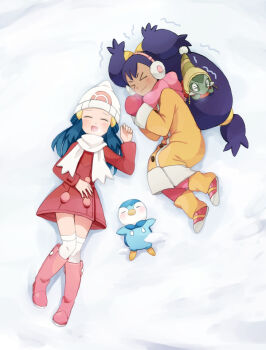 2girls axew blue_hair blush boots chullo closed_eyes coat dark-skinned_female dark_skin dawn_(pokemon) earmuffs gen_4_pokemon gen_5_pokemon hat inside_hair iris_(pokemon) leg_warmers long_hair lying mittens multiple_girls nintendo official_alternate_costume on_back on_side piplup pokemon pokemon_(anime) pokemon_bw079 pokemon_bw_(anime) pokemon_dp125 pokemon_dppt_(anime) purple_hair raiti scarf shoes sneakers snow steam thighhighs trembling very_long_hair winter_clothes winter_coat zettai_ryouiki