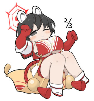 1girl ;d arm_up bare_shoulders black_hair blue_archive breasts chibi dated elbow_gloves gloves grey_eyes half-closed_eye halo highres large_breasts looking_at_viewer miranofuudoria one_eye_closed open_mouth parted_lips pleated_skirt puffy_short_sleeves puffy_sleeves red_gloves red_sandals red_skirt sandals short_hair short_sleeves simple_background skirt smile socks solo tabi tsubaki_(blue_archive) white_background white_sleeves white_socks zouri