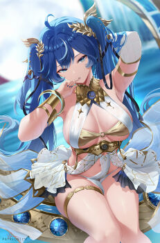 1girl ahoge arm_up armlet armpits artist_name blue_eyes blue_hair blue_nails breasts commentary cyicheng fingernails gold_bra iuno_(wuthering_waves) jewelry large_breasts laurel_crown looking_at_viewer multicolored_hair nail_polish navel solo streaked_hair thighlet thighs twintails vambraces winter_uniform wuthering_waves