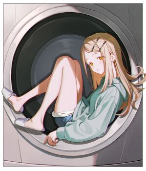 1girl :o blonde_hair blue_shorts commentary_request gakuen_idolmaster green_jacket hair_ornament hairclip highres hood hooded_jacket idolmaster jacket legs long_hair long_sleeves looking_at_viewer orange_eyes pipipipyu shinosawa_hiro shorts sitting solo thighs