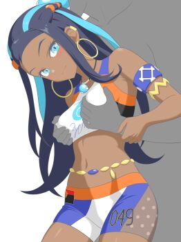 1boy 1girl absurdres armlet belly_chain bike_shorts black_hair blue_eyes blue_hair breasts closed_mouth commentary_request earclip earrings eyelashes grabbing_another&#039;s_breast grabbing_from_behind groping hair_bun hetero highres hoop_earrings jewelry long_hair majikichi915 multicolored_hair navel necklace nessa_(pokemon) nintendo pokemon pokemon_swsh sidelocks sports_bra two-tone_hair