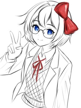 Rule 34 | 1girl, bespectacled, blue eyes, bow, bright pupils, closed mouth, commentary request, doki doki literature club, doki doki literature club school uniform, eyelashes, from above, glasses, hair bow, hair intakes, jacket, long sleeves, mitsuju shok, neck ribbon, open clothes, open jacket, red bow, red ribbon, ribbon, sayori (doki doki literature club), school uniform, short hair, simple background, smile, solo, spot color, sweater vest, v, white background, white pupils