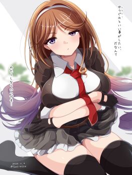 1girl absurdres black_gloves black_jacket black_thighhighs blazer breasts commentary_request crossed_arms drill_hair gloves gradient_hair grey_skirt hairband highres jacket kantai_collection large_breasts long_hair multicolored_hair necktie orange_hair pleated_skirt purple_eyes purple_hair red_necktie side_drill sitting skirt solo thighhighs toms wariza white_hairband yuugure_(kancolle)